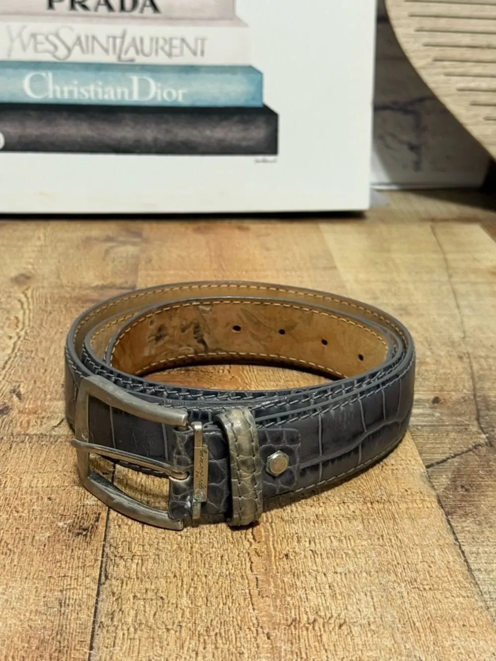 Roger Ximenez Gray Mock Croc Embossed Calf Leather Belt Luxury Gator Has Flaws*